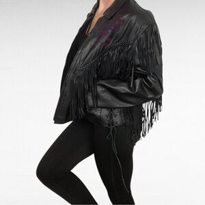 VINTAGE | Black Leather Purple Rose Embroidery Fringed Motorcycle Jacket